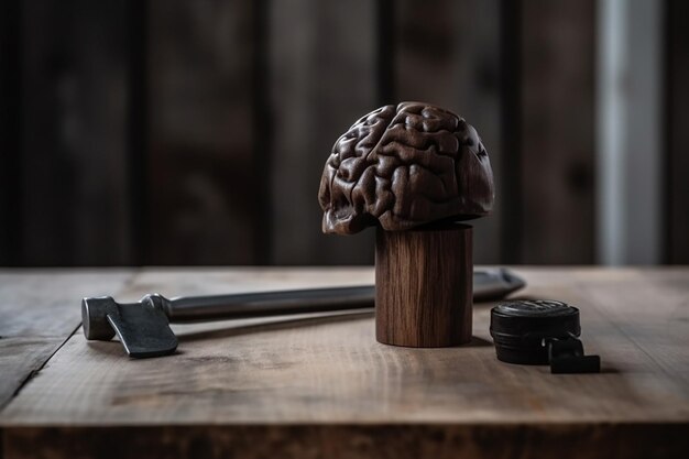 A_brain_and_hammer_resting_on_a_wooden_table_in_a_cou_