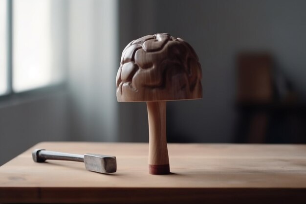 A_brain_and_hammer_resting_on_a_wooden_table_in_a_cou_