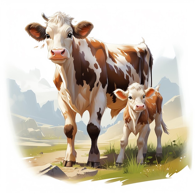 a_cow_with_a_calf_in_disney_cartoon_style_white_backgroud