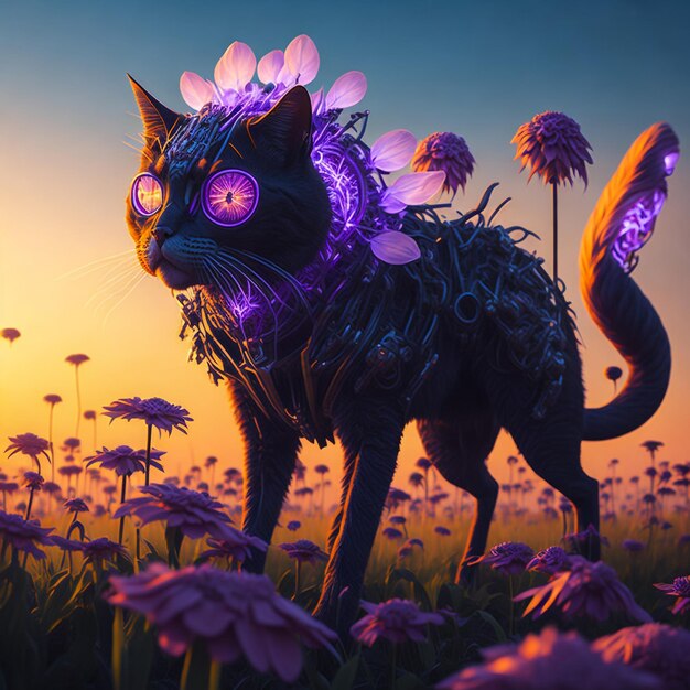 A_Cyber_Cat_with_Giant_Electro_Flowers