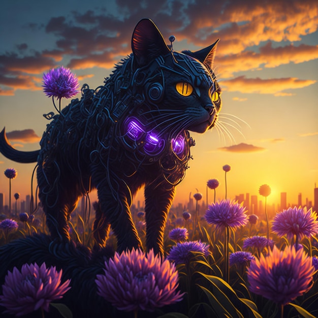 A_Cyber_Cat_with_Giant_Electro_Flowers