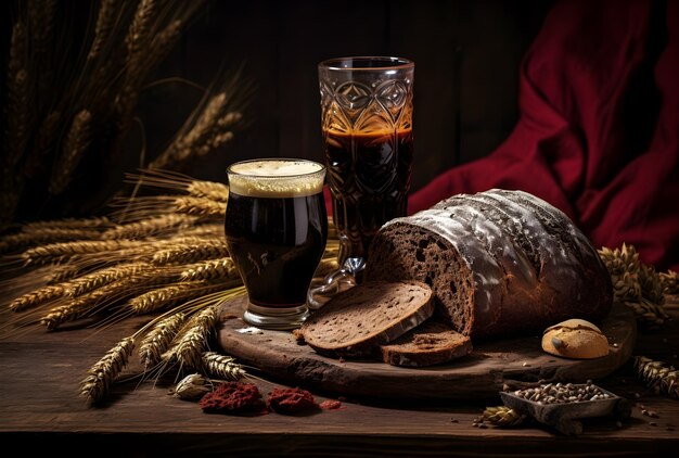 Photo a_glass_of_beer_with_wheat_bread_in_the_style_of_dark