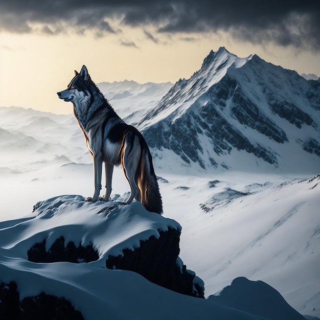 A_lone_wolf_stands_atop_a_snowy_mountain