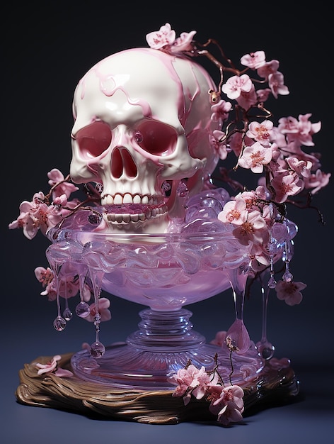 a_skull_with_purple_flowers_sits_on_a_plate_in_the_style