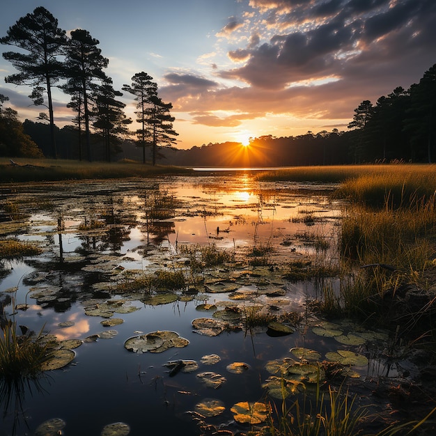 A_tranquil_sunset_over_a_serene_lake_surrounded_by_lush