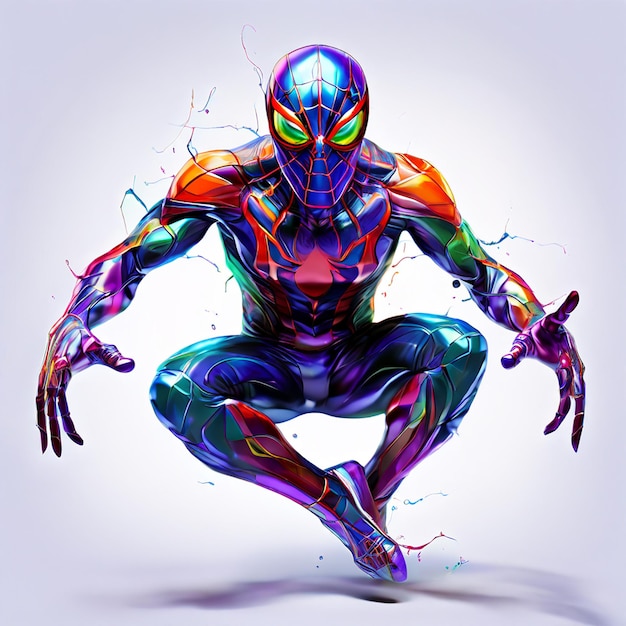 A_vibrant_jumping_Man_on_a_white_background_the_spider_has_colorful_iridescent_markings_and_large