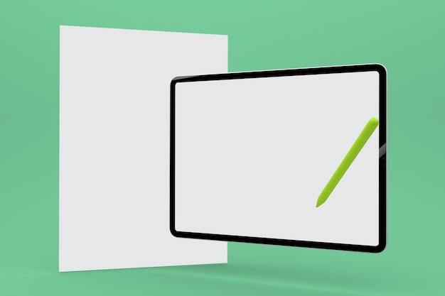 A4 Paper and Tablet Perspective Side Isolated In Green Background