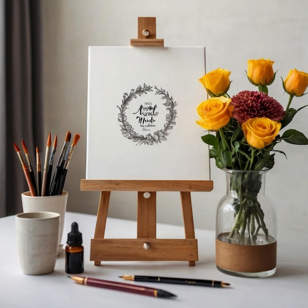 Photo a4 size small painting canvas mockup on study table with stand flower vase calligraphy pen ink bottl