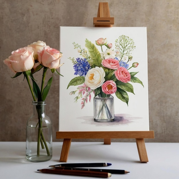 A4 Size Small Painting Canvas Mockup on Study Table with Stand Flower Vase Calligraphy Pen Ink Bottl