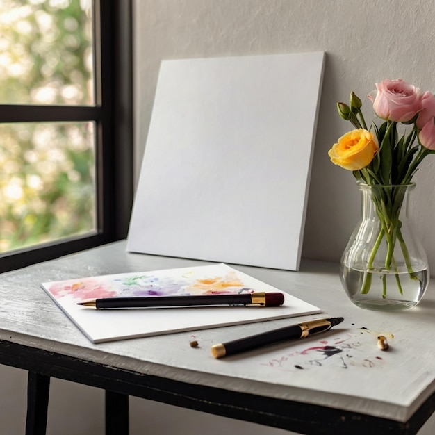 Photo a4 size small painting canvas mockup on study table with stand flower vase calligraphy pen ink bottl