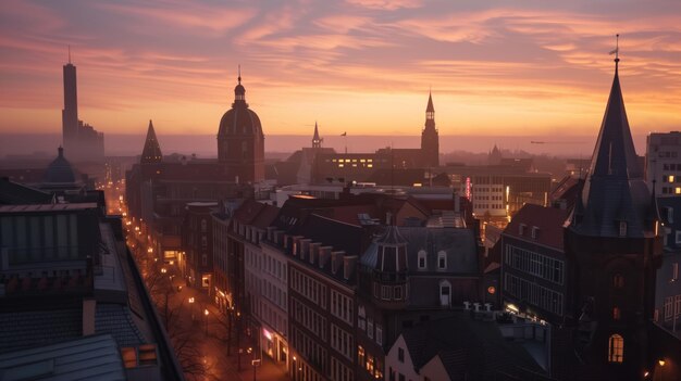 Photo aachen city skyline at sundown with a misty atmosphere