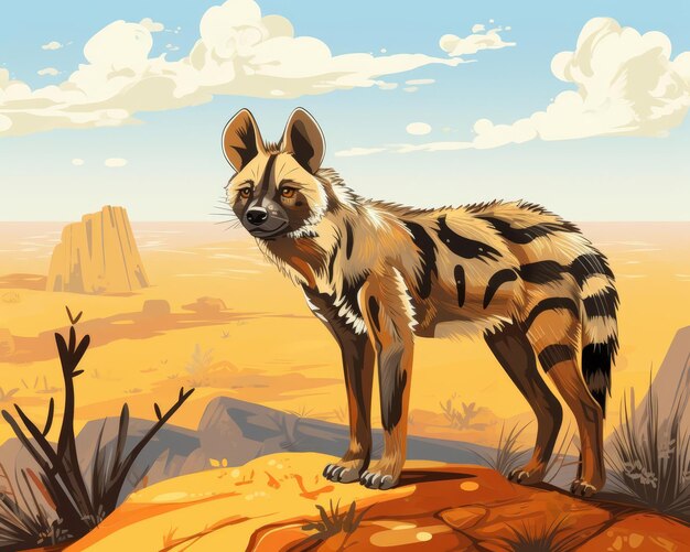 Aardwolf sniffing the air flat design top view savannah theme cartoon drawing vivid