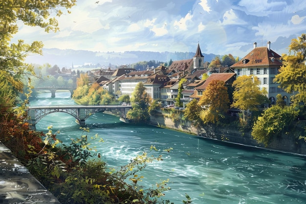 Aare river Untertorbrucke bridge cityscape of Bern Switzerland