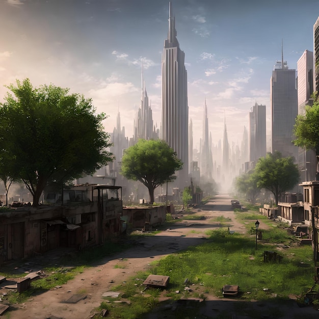 Abandon post apocalyptic city with green tree generative art by AI