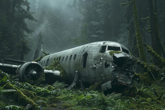 Abandoned airplane in misty forest