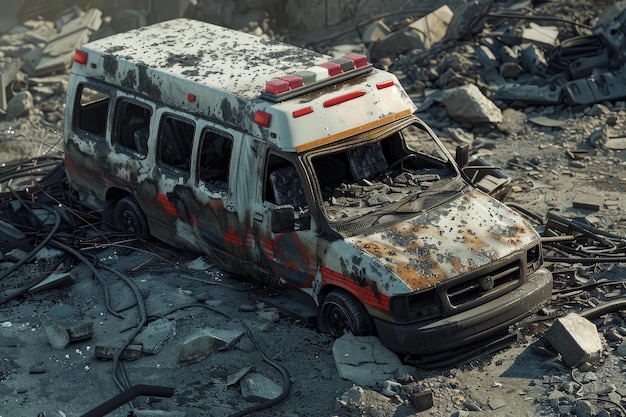 Photo abandoned ambulance in postapocalyptic scene