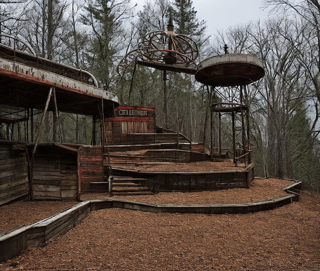 Photo abandoned amusement park scary rusty large metal structures