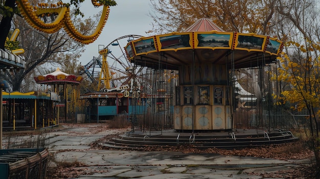 An abandoned amusement park with a Ferris wheel carousel and other rides