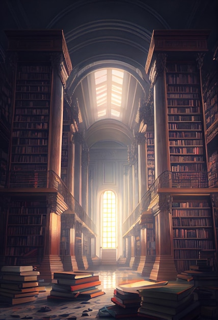 Abandoned ancient library with a lot of lost knowledge by mankind AI generated