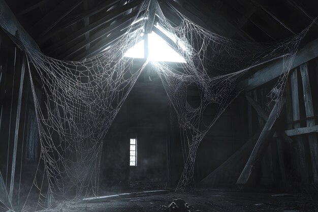 Photo abandoned attic with spider webs