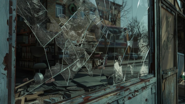 An abandoned broken window reveals a deserted street outside evoking a sense of decay and neglect