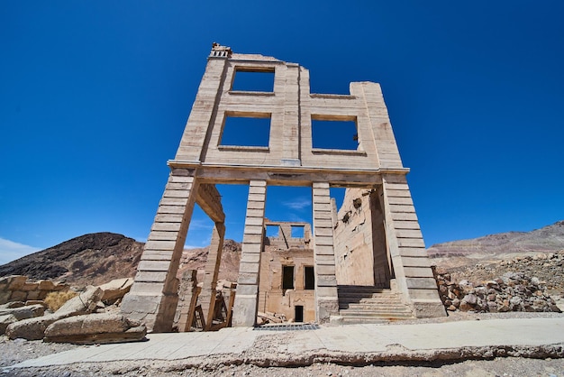 Abandoned building in ghost town of rhyolite in desert