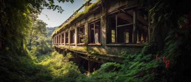 Abandoned building that has been reclaimed by nature overgrown with plants Generative AI