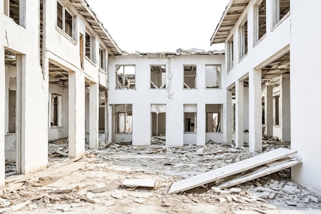 Abandoned Building with Broken Windows and Debris