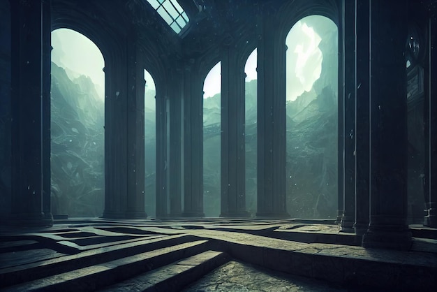 An abandoned building with large columns Concept art Digital painting Fantasy illustration