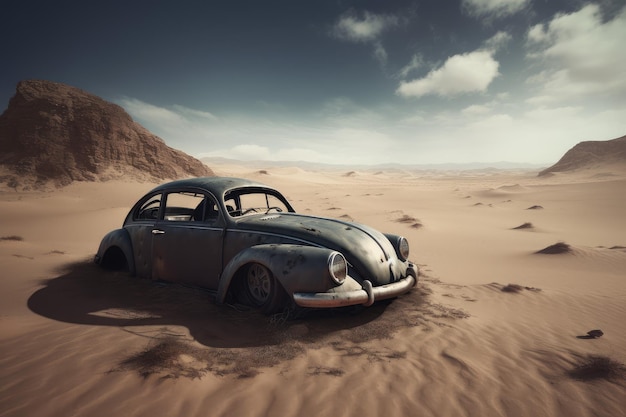 Abandoned car in desert sand Generate Ai