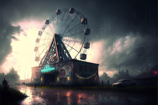 An abandoned carnival with a ferris wheel on a cloudy day Digital illustration AI