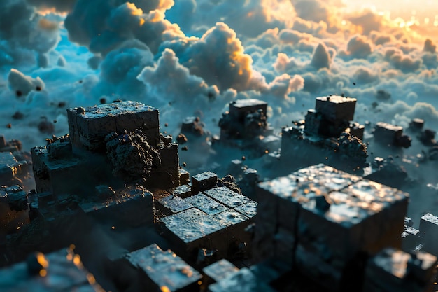 Abandoned city in the clouds City destroyed by war