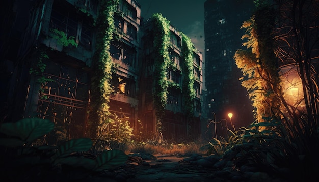 Abandoned Cityscape post apocalyptic city dark mood urban horror fantasy decor Generative ai