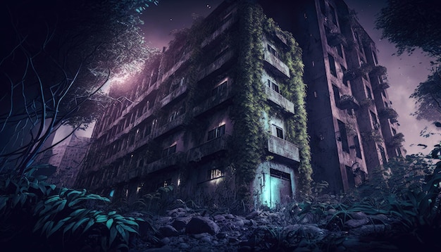 Abandoned Cityscape post apocalyptic city dark mood urban horror fantasy decor Generative ai