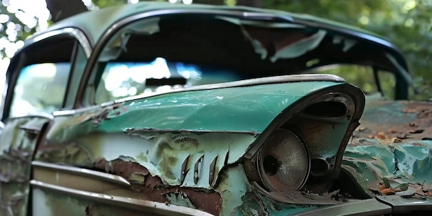 Photo abandoned classic car in the woods close up shot revealing rust and decay