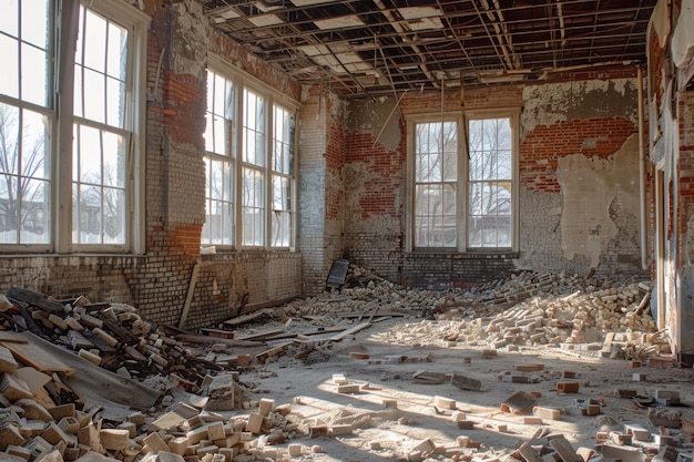 Photo abandoned classroom filled with debris and sunlight streaming through broken windows