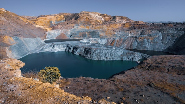 Abandoned copper mine Phoenix in Skouriotissa area Cyprus Mine pits tailings and acid lakes industrial landscape