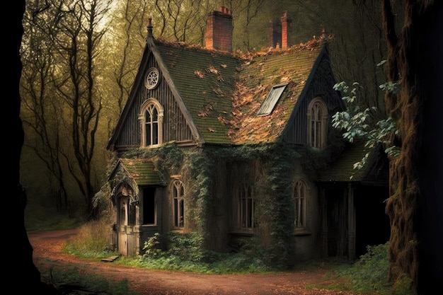 An abandoned cottage coated with emerald moss and foliage sits silently amidst a woodland of foliage