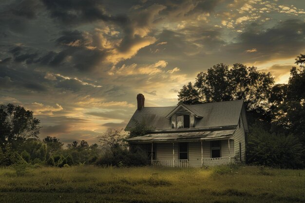 Abandoned country house at sunset