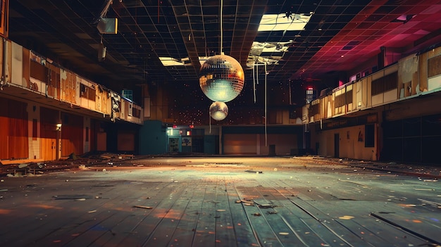 An abandoned and dilapidated ballroom with a disco ball hanging from the ceiling The room is dark and dusty with debris scattered on the floor