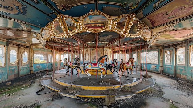 An abandoned and dilapidated carousel sits in a forgotten amusement park