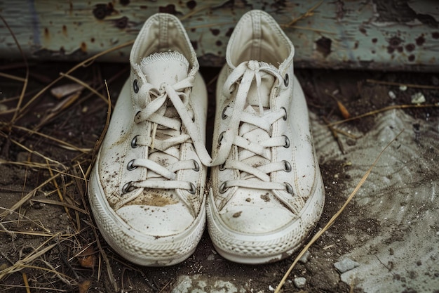 Photo abandoned dirty white sneakers on ground