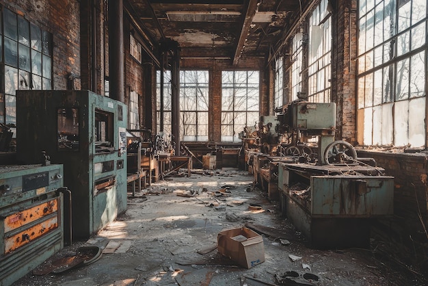 Photo abandoned factory with broken machinery and sense of decay