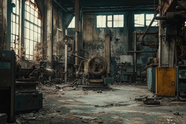 Photo abandoned factory with broken machinery and sense of decay