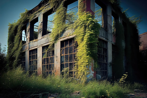 Abandoned factory with broken windows and rusted metal surrounded by overgrown vegetation