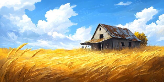 Photo abandoned farm in a golden wheat field