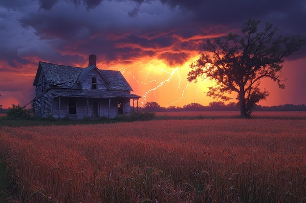 Abandoned Farmhouse in Field During Dramatic Thunderstorm with Lightning Strikes at Sunset