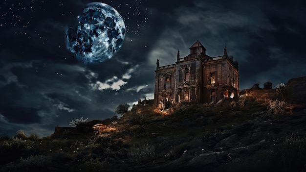 abandoned haunted mansion atop a hill commemorating Halloween