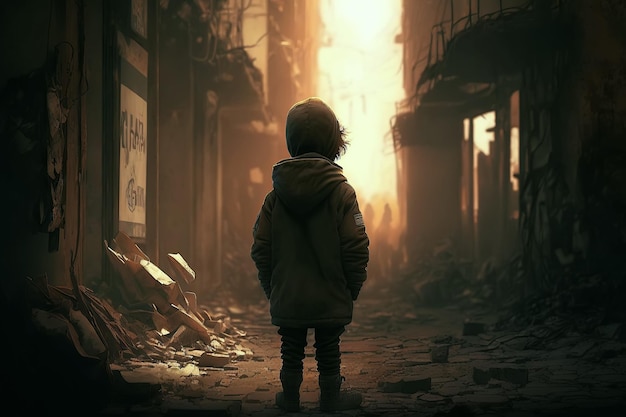 Abandoned homeless child on street of a bombedout city in burning ruins concept no war Generative AI