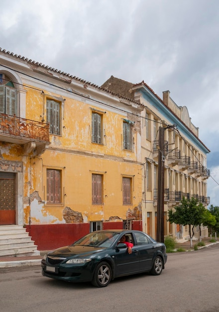 Abandoned hotel in neoclassical style of the resort town of Loutra Edipsou on island Evia in Greece